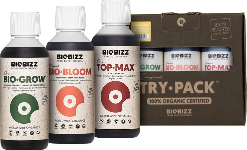 TRY-PACK INDOOR 3x0.25L/3x250ML, ZESTAW ORGANICZNYCH NAWOZÓW I STYMULATORÓW DO UPRAW INDOOR, (BIO-GROW,BIO-BLOOM,TOP-MAX), BIOBIZZ