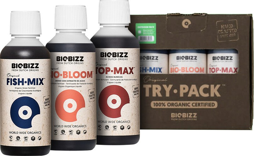TRY-PACK OUTDOOR 3x0.25L/3x250ML, ZESTAW ORGANICZNYCH NAWOZÓW I STYMULATORÓW DO UPRAW OUTDOOR, (FISH-MIX,BIO-BLOOM,TOP-MAX), BIOBIZZ fishmix