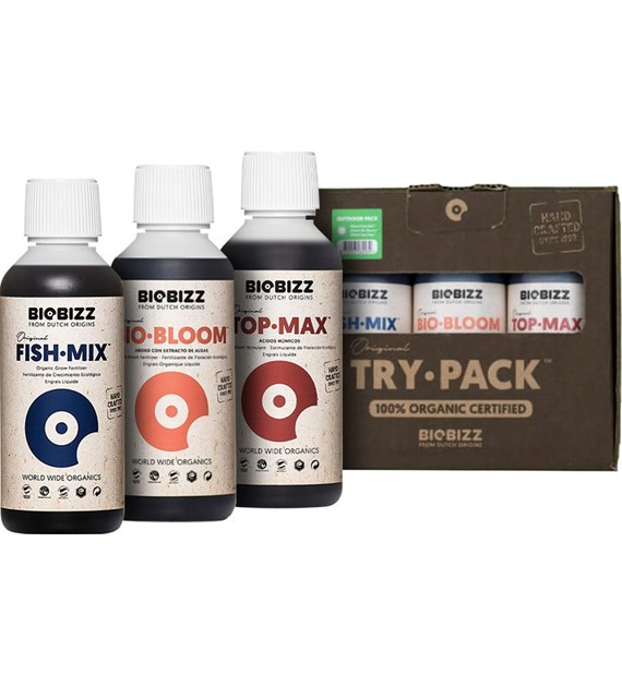 TRY-PACK OUTDOOR 3x0.25L/3x250ML, ZESTAW ORGANICZNYCH NAWOZÓW I STYMULATORÓW DO UPRAW OUTDOOR, (FISH-MIX,BIO-BLOOM,TOP-MAX), BIOBIZZ