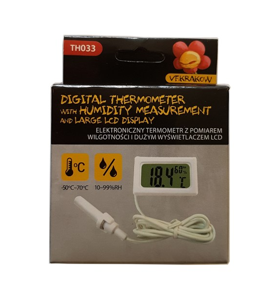 TERMOHIGROMETR (obie funkcje na czujniku z kablem), -50/+70oC, 10%-99%RH, 47x28x15mm ELEKTRONICZNY, VF.KRAKOW, termometr, higrometr