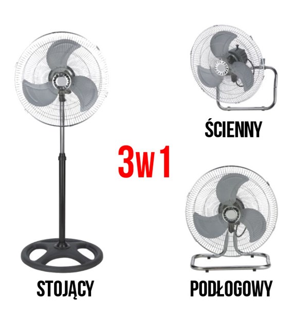 WENTYLATOR 3w1 Z REGULACJĄ MOCY I OSCYLACJĄ - VF, 55W/230V, fi-48cm, h-130cm, mieszający