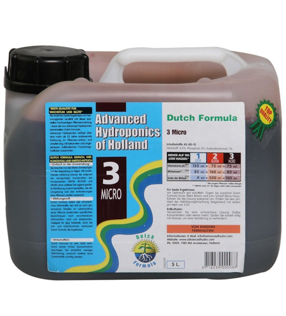 3 MICRO  5L, NAWÓZ UZUPEŁNIAJĄCY (MIKROELEMENTY), DUTCH FORMULA, ADVANCED HYDROPONICS OF HOLLAND (hydro, kokos, ziemia)