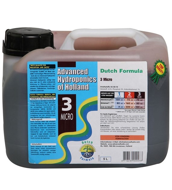 3 MICRO  5L, NAWÓZ UZUPEŁNIAJĄCY (MIKROELEMENTY), DUTCH FORMULA, ADVANCED HYDROPONICS OF HOLLAND (hydro, kokos, ziemia)