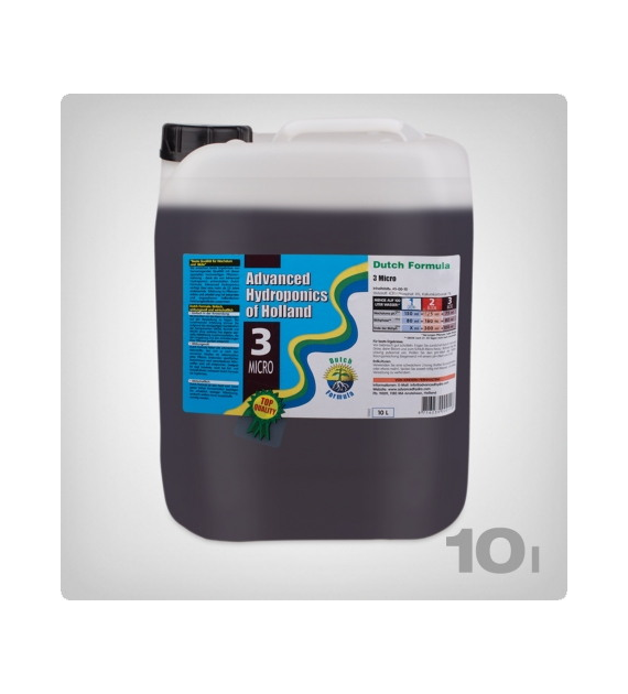 3 MICRO  10L, NAWÓZ UZUPEŁNIAJĄCY (MIKROELEMENTY), DUTCH FORMULA, ADVANCED HYDROPONICS OF HOLLAND (hydro, kokos, ziemia)
