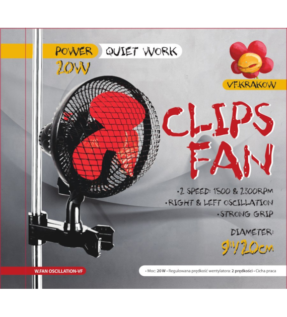 CICHY WENTYLATOR MIESZAJĄCY Z OSCYLACJĄ , KLIPS KOALA, 20W, fi20cm, h21cm, 230V,  VF.KRAKOW, mieszający, CLIPS FAN, MONKEY FAN