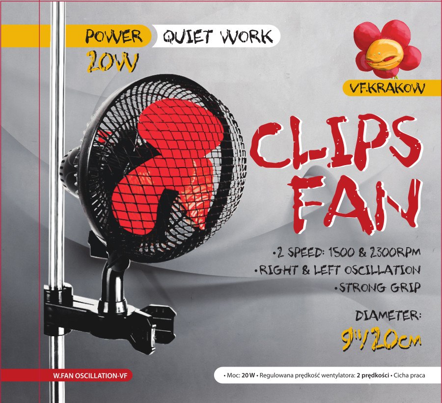 CICHY WENTYLATOR MIESZAJĄCY Z OSCYLACJĄ , KLIPS KOALA, 20W, fi20cm, h21cm, 230V,  VF.KRAKOW, mieszający, CLIPS FAN, MONKEY FAN