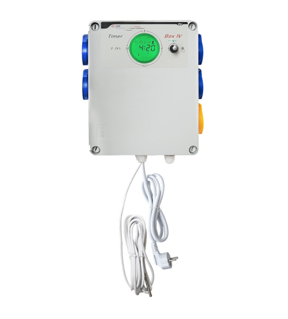 !- GSE, STEROWNIK / PROGRAMATOR CZASOWY Z PRZEKAŹNIKIEM ABSORBUJĄCYM, CYFROWY WYŚWIETLACZ, ŚCIEMNIANIE, DO HPS I LED 0-10V/PWM, TIMERBOX IV 4x600W + OGRZEWANIE NOCNE, 24h/30min, 230V, CZUJNIK TEMP.