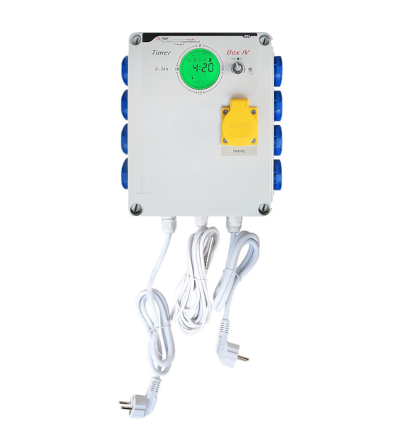 !- GSE, STEROWNIK / PROGRAMATOR CZASOWY Z PRZEKAŹNIKIEM ABSORBUJĄCYM, CYFROWY WYŚWIETLACZ, ŚCIEMNIANIE, DO HPS I LED 0-10V/PWM, TIMERBOX IV 8x600W + OGRZEWANIE NOCNE, 24h/30min, 230V, CZUJNIK TEMP.