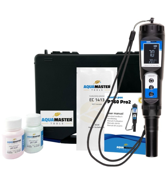 ELEKTRONICZNY MIERNIK 4w1 -  pH, EC, TDS (PPM), TEMPERATURA + WALIZKA + PŁYNY DO KALIBRACJI, P160 PRO2 COMBO, AQUA MASTER TOOLS