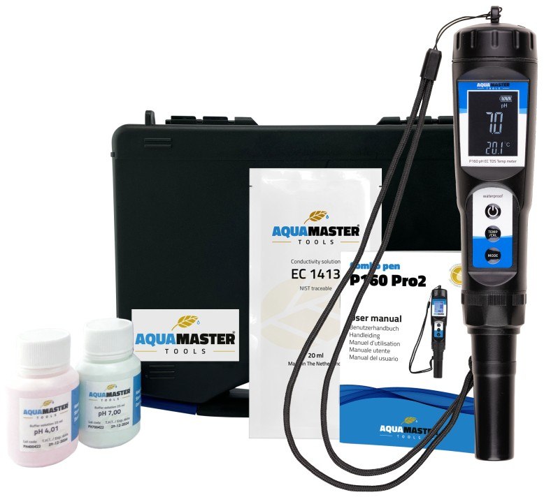 ELEKTRONICZNY MIERNIK 4w1 -  pH, EC, TDS (PPM), TEMPERATURA + WALIZKA + PŁYNY DO KALIBRACJI, P160 PRO2 COMBO, AQUA MASTER TOOLS