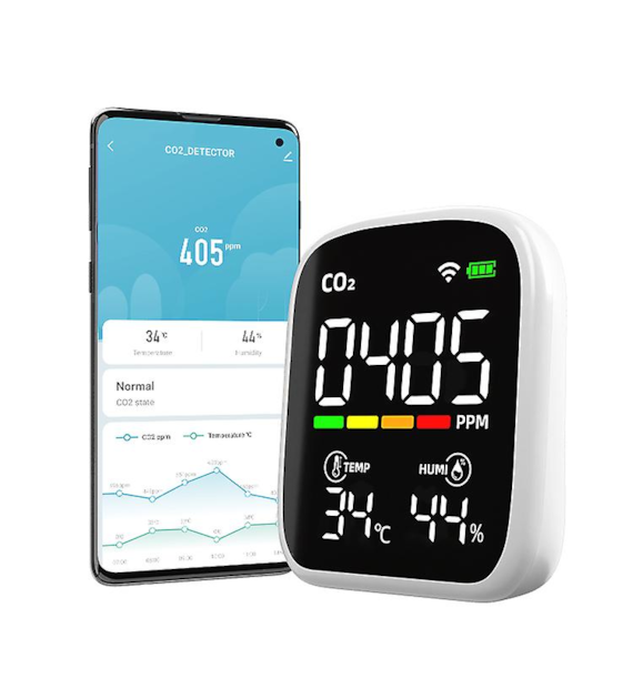 ELEKTRONICZNY MONITOR CO2 + TEMP.+ RH, CZUJNIK NDIR, APLIKACJA WI-FI, AKUMULATOR, 70x90x35 mm  VF.KRAKOW, termometr, higrometr