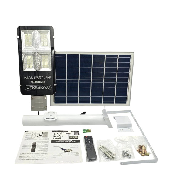 Uliczna Lampa Solarna PREMIUM, WYDAJNOŚĆ 2000W, ZESTAW MONTAŻOWY + PILOT, CZUJNIK ZMIERZCHU, IP65, CSE Clean Solar Energy, VF KRAKOW