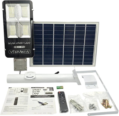Uliczna Lampa Solarna PREMIUM, WYDAJNOŚĆ 2000W, ZESTAW MONTAŻOWY + PILOT, CZUJNIK ZMIERZCHU, IP65, CSE Clean Solar Energy, VF KRAKOW