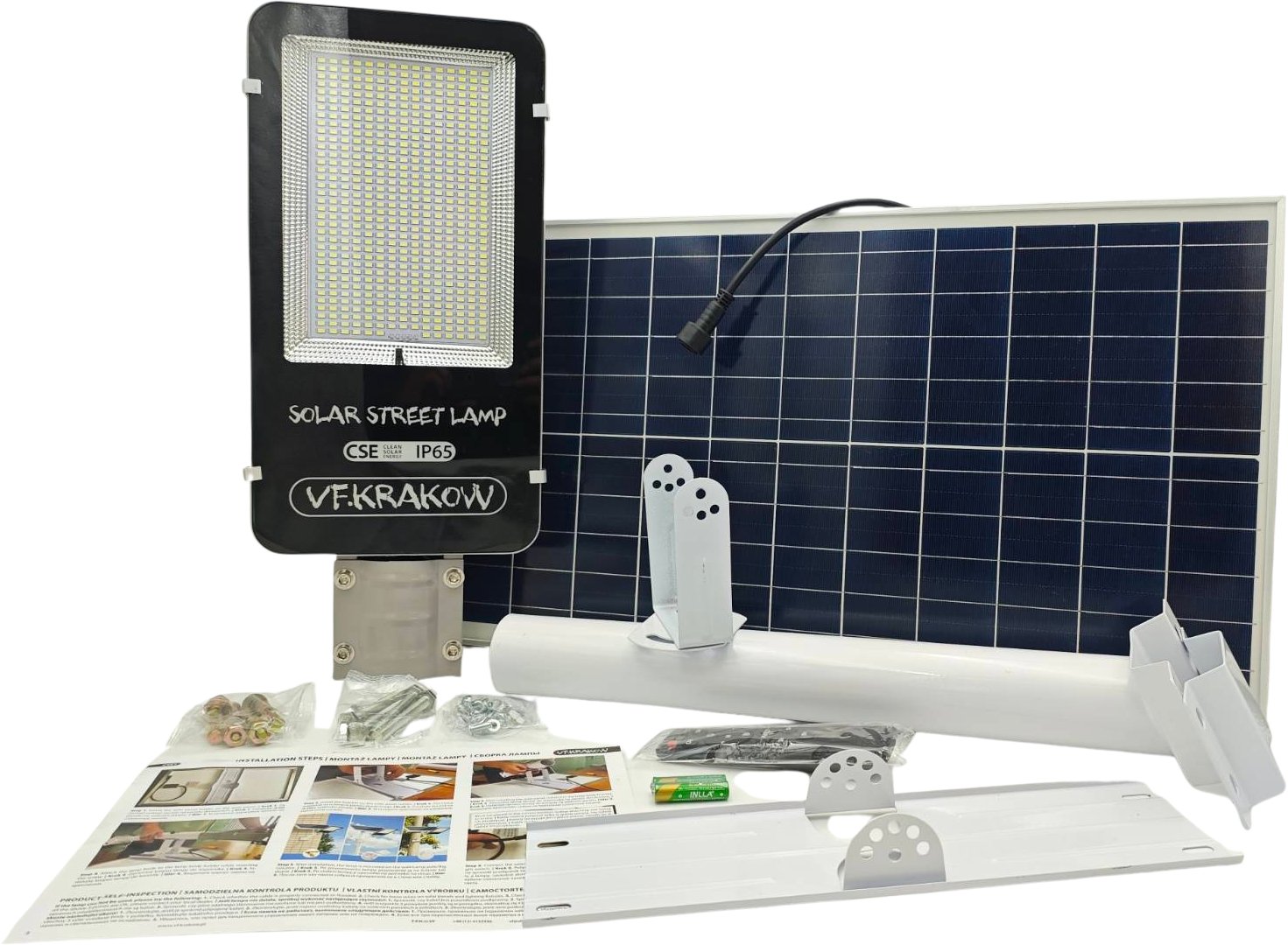 Uliczna Lampa Solarna PREMIUM, WYDAJNOŚĆ 4000W, ZESTAW MONTAŻOWY + PILOT, CZUJNIK ZMIERZCHU, IP65, CSE Clean Solar Energy, VF KRAKOW