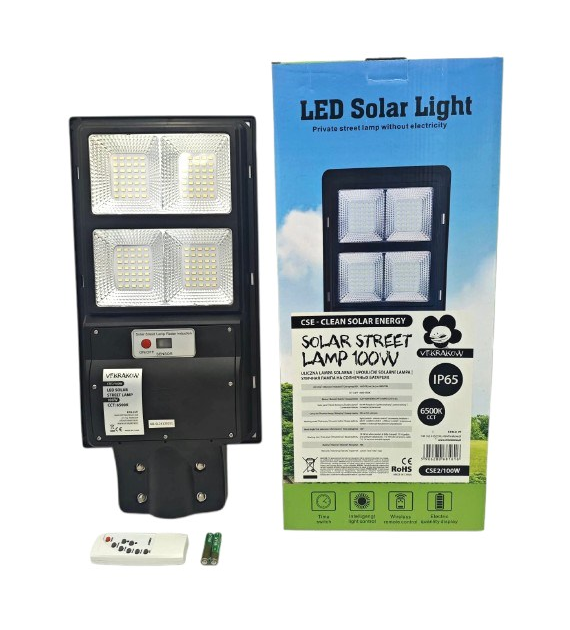 ULICZNA LAMPA SOLARNA CLASSIC Z WBUDOWANYM PANELEM + PILOT,WYDAJNOŚĆ 1000W, CZUJNIK RUCHU + ZMIERZCHU, CSE Clean Solar Energy, VF.krakow