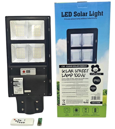 ULICZNA LAMPA SOLARNA CLASSIC Z WBUDOWANYM PANELEM + PILOT,WYDAJNOŚĆ 1000W, CZUJNIK RUCHU + ZMIERZCHU, CSE Clean Solar Energy, VF.krakow