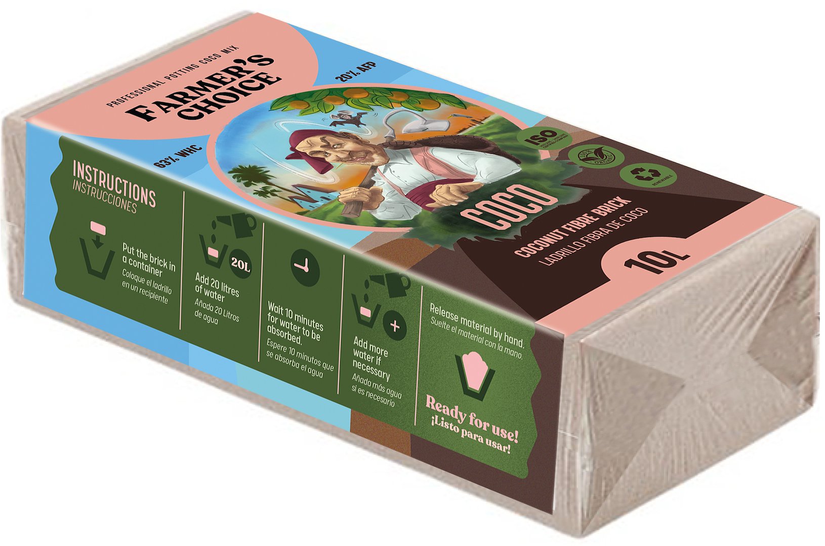 SPRASOWANE PODŁOŻE Z WŁÓKNA KOKOSOWEGO - KOSTKA 650g / 10L, FARMER'S CHOICE