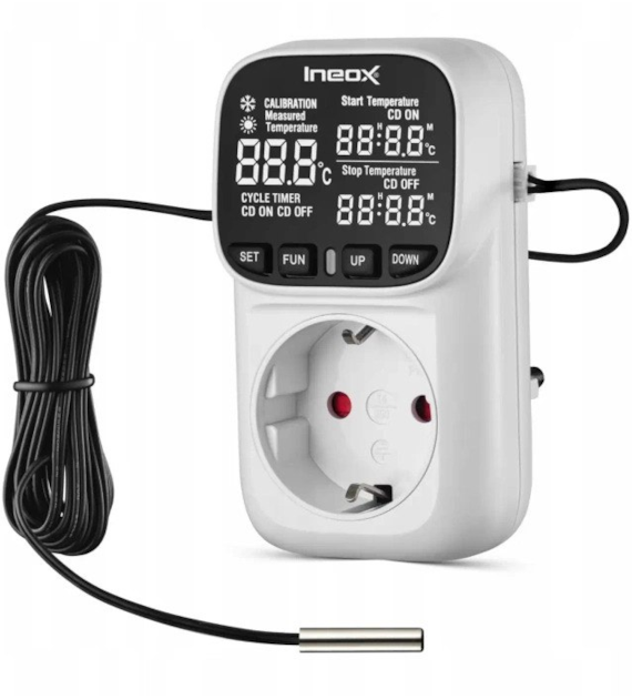 STEROWNIK / REGULATOR TEMPERATURY / TERMOSTAT - INEOX TE-01, MAX 3680W/16A, steruje urządzeniem grzewczym lub chłodzącym